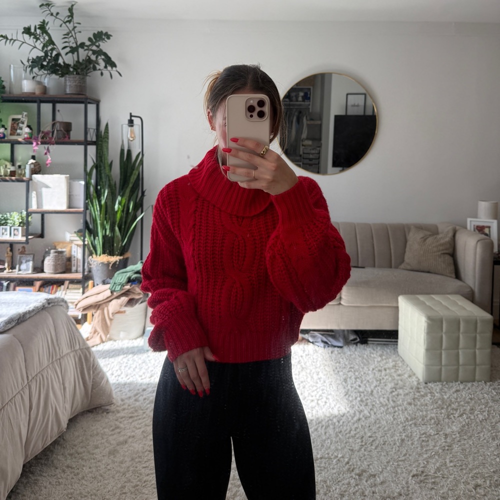 Red Cable Knit Turtleneck Sweater